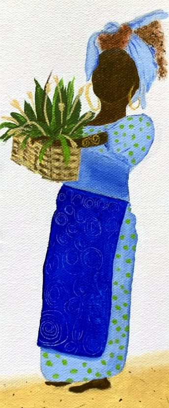 Gullah Apron oil painting of a Gullah woman carrying greenery by Lenore Kieseling